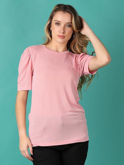 women pink solid round neck regular top - 21501819 - Standard Image - 0