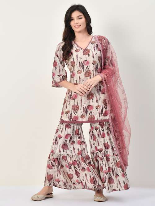 peach floral printed kurta sharara set - 21502061 - Standard Image - 0
