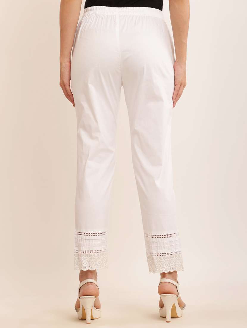 women white cotton lycra cigarette pants  - 21502219 -  Standard Image - 2