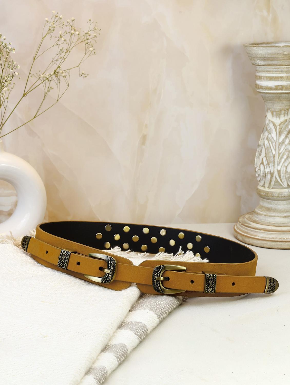 aditi wasan genuine leather tan studded western dress belt - 21502675 -  Zoom Image - 0