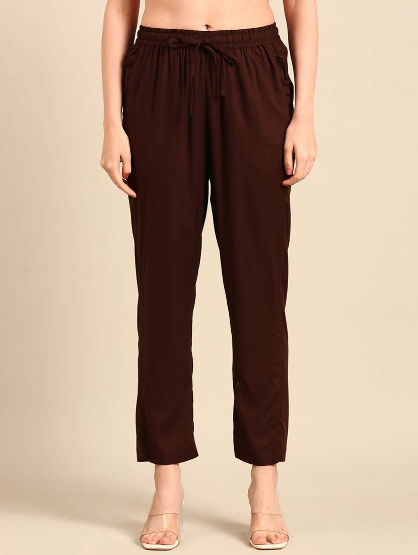 women solid brown chinos trouser