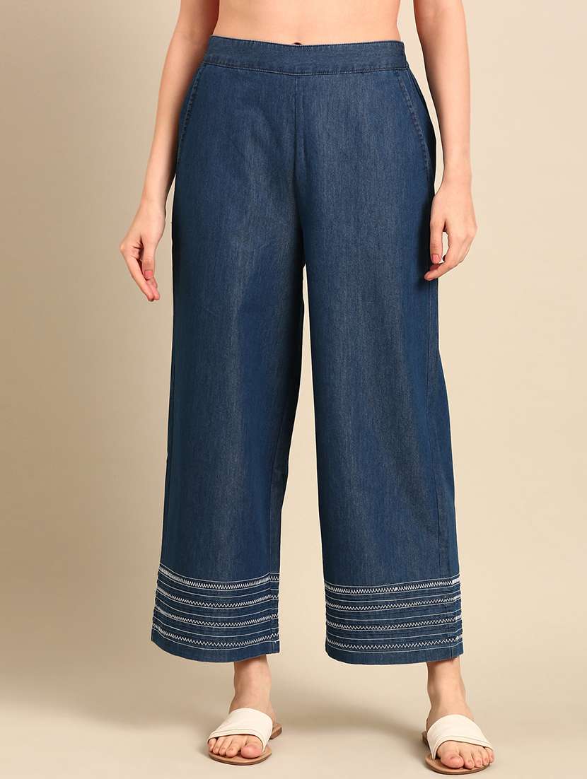 women navy blue cotton wide leg trouser
