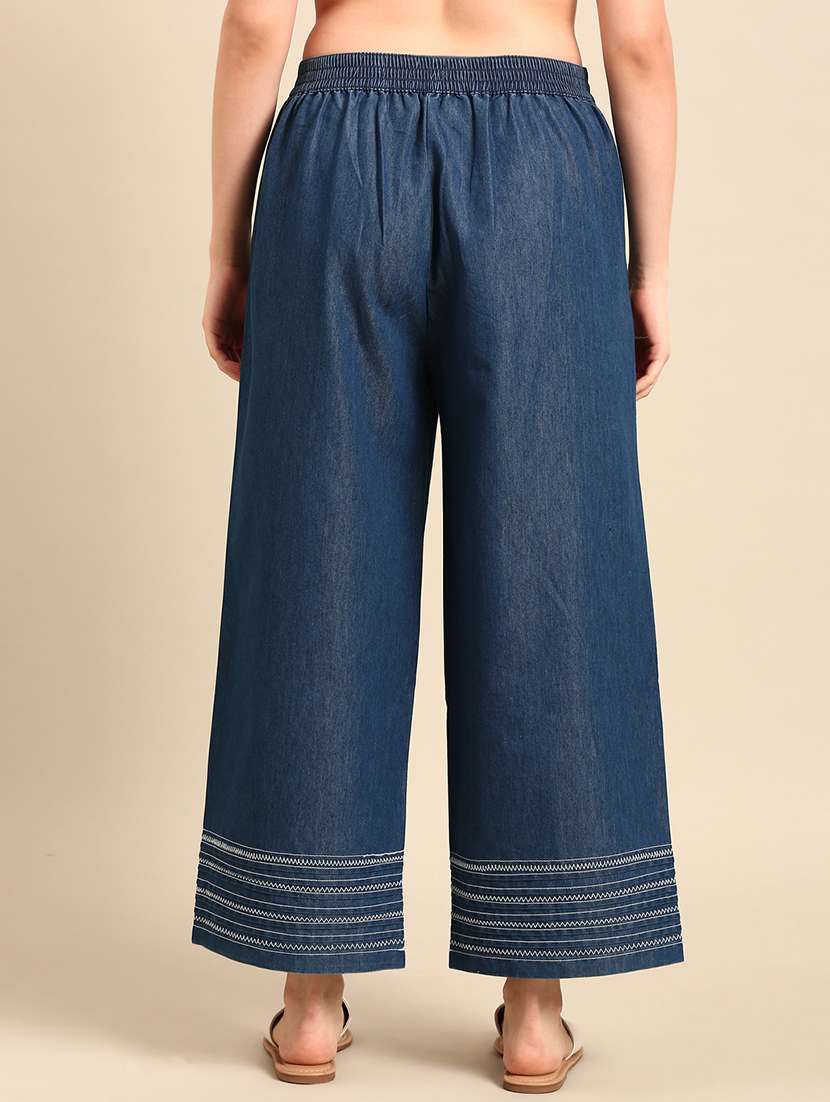 women navy blue cotton wide leg trouser - 21502687 - Standard Image - 2