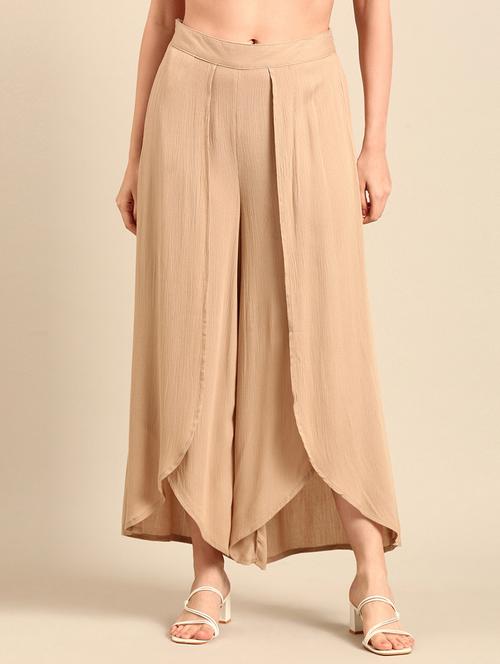 women solid beige wide leg trouser - 21502689 - Standard Image - 0