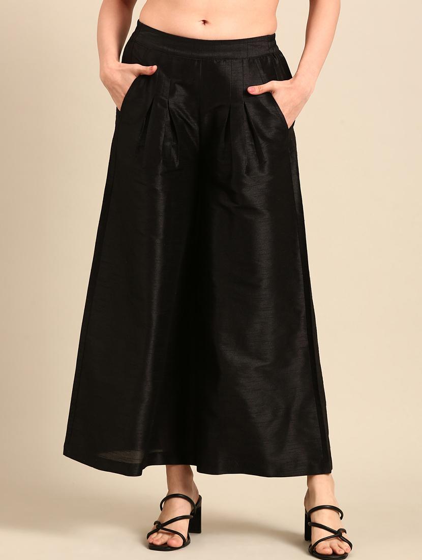 women solid mid rise flared palazzo