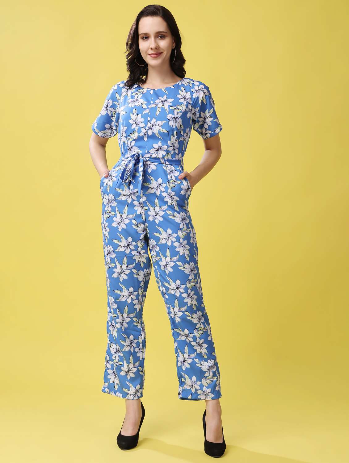 women floral print short sleeve full length jumpsuit