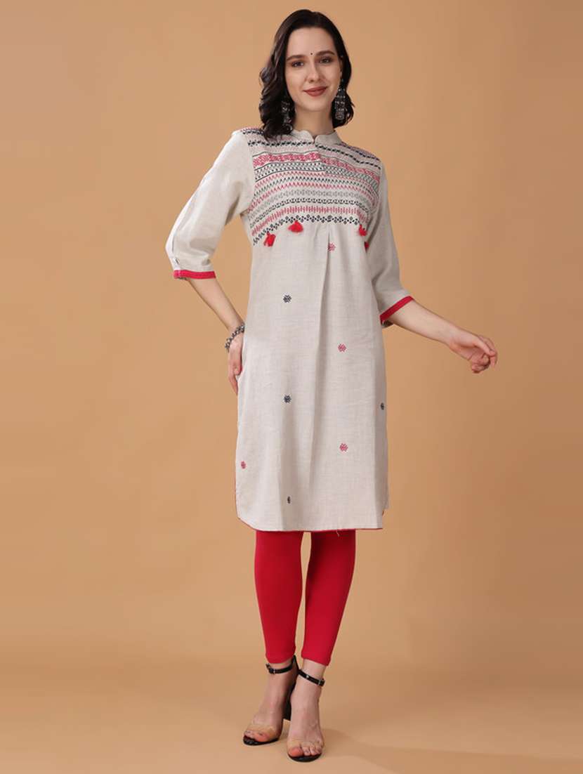 women beige embroidered a-line kurta