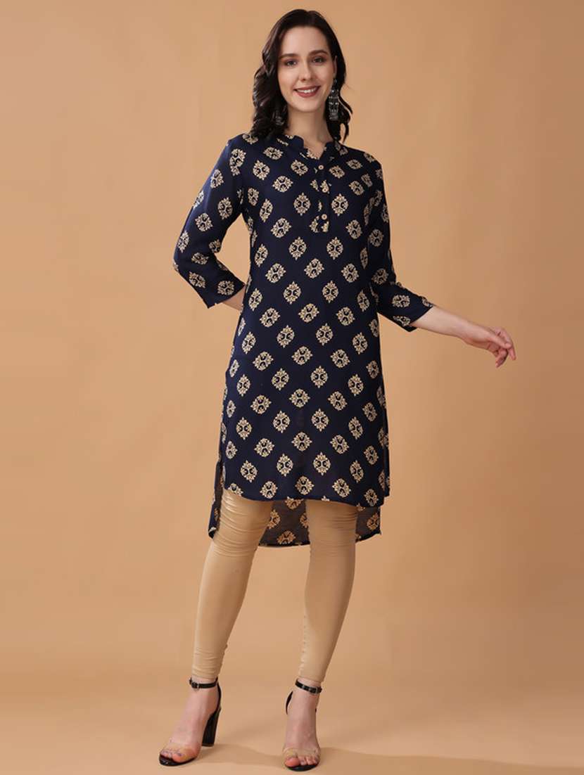 women blue printed high-low kurta