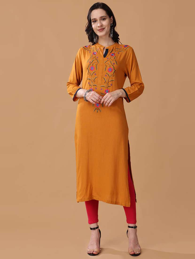 women mustard embroidered a-line kurta