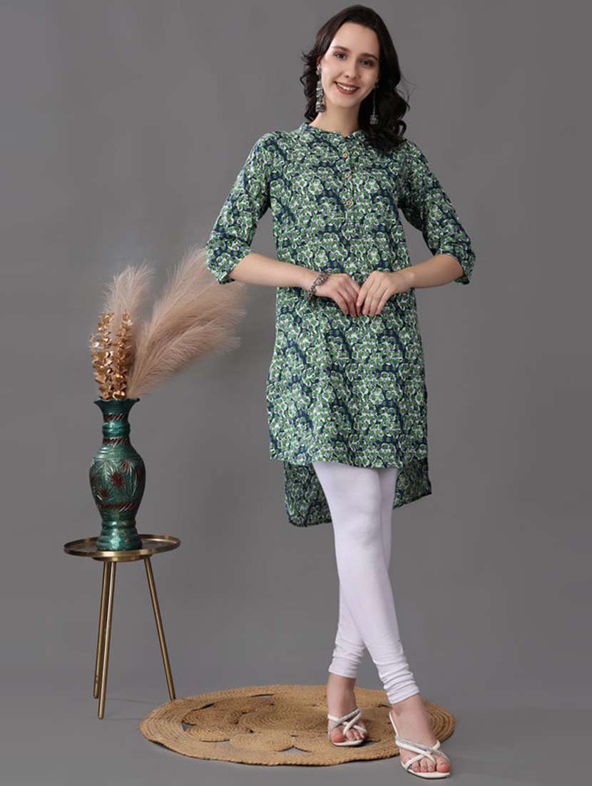 women blue printed high-low kurta