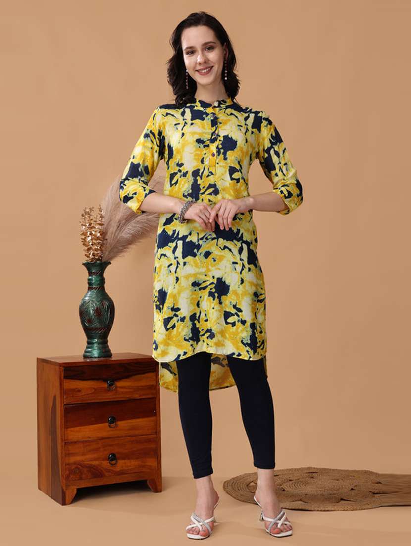 women yellow printed high-low kurta