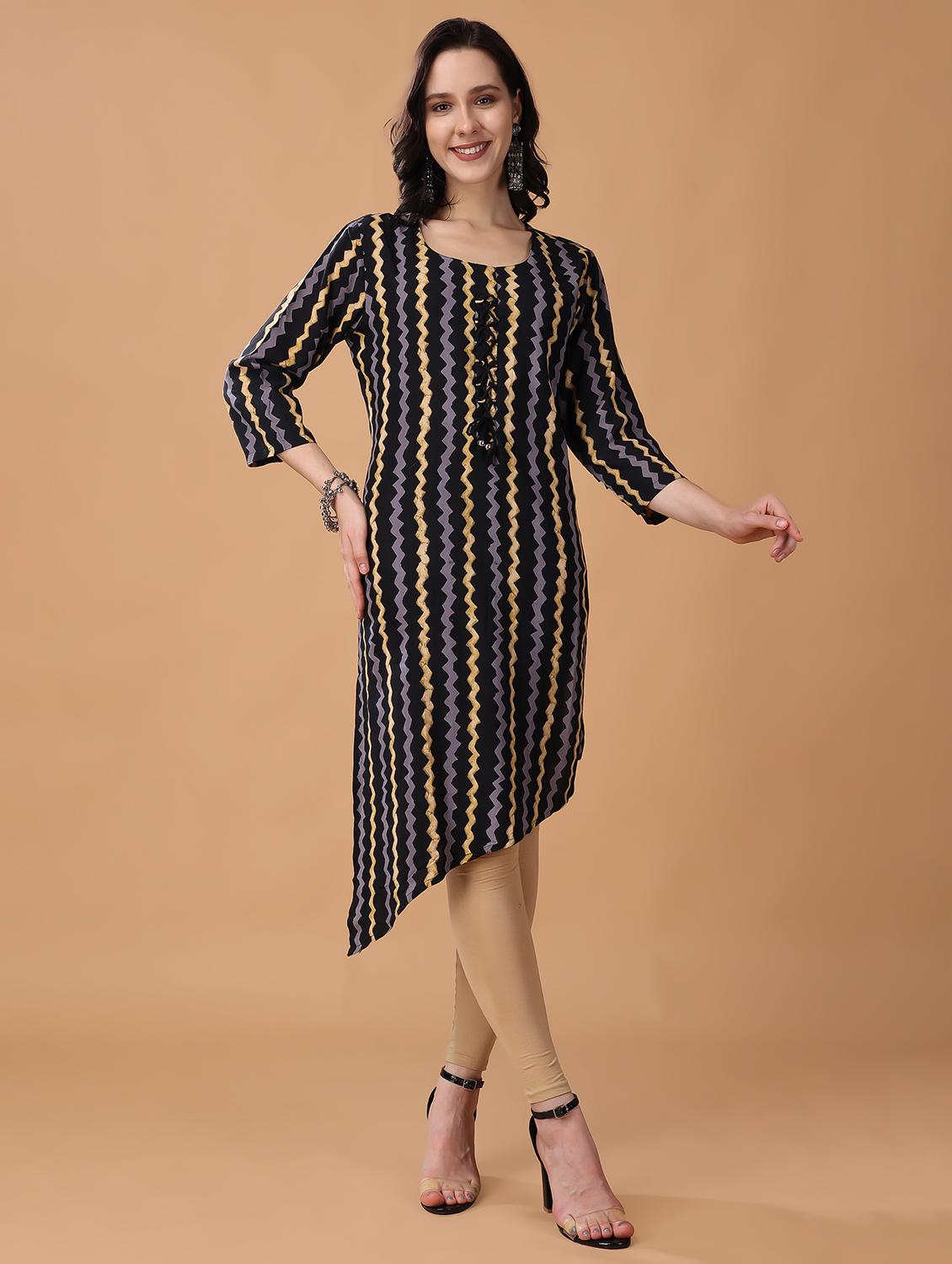 women black three quarter sleeve asymmetric kurta - 21503041 - Standard Image - 2