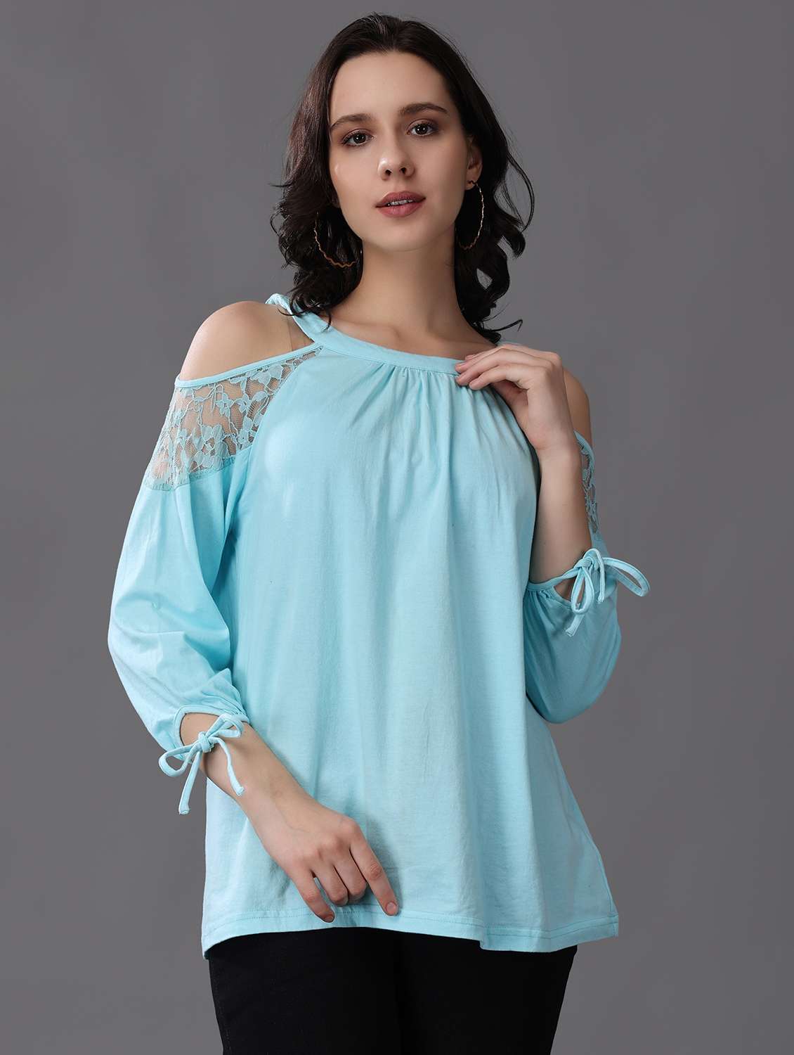 women light blue lace detailed cold shoulder top