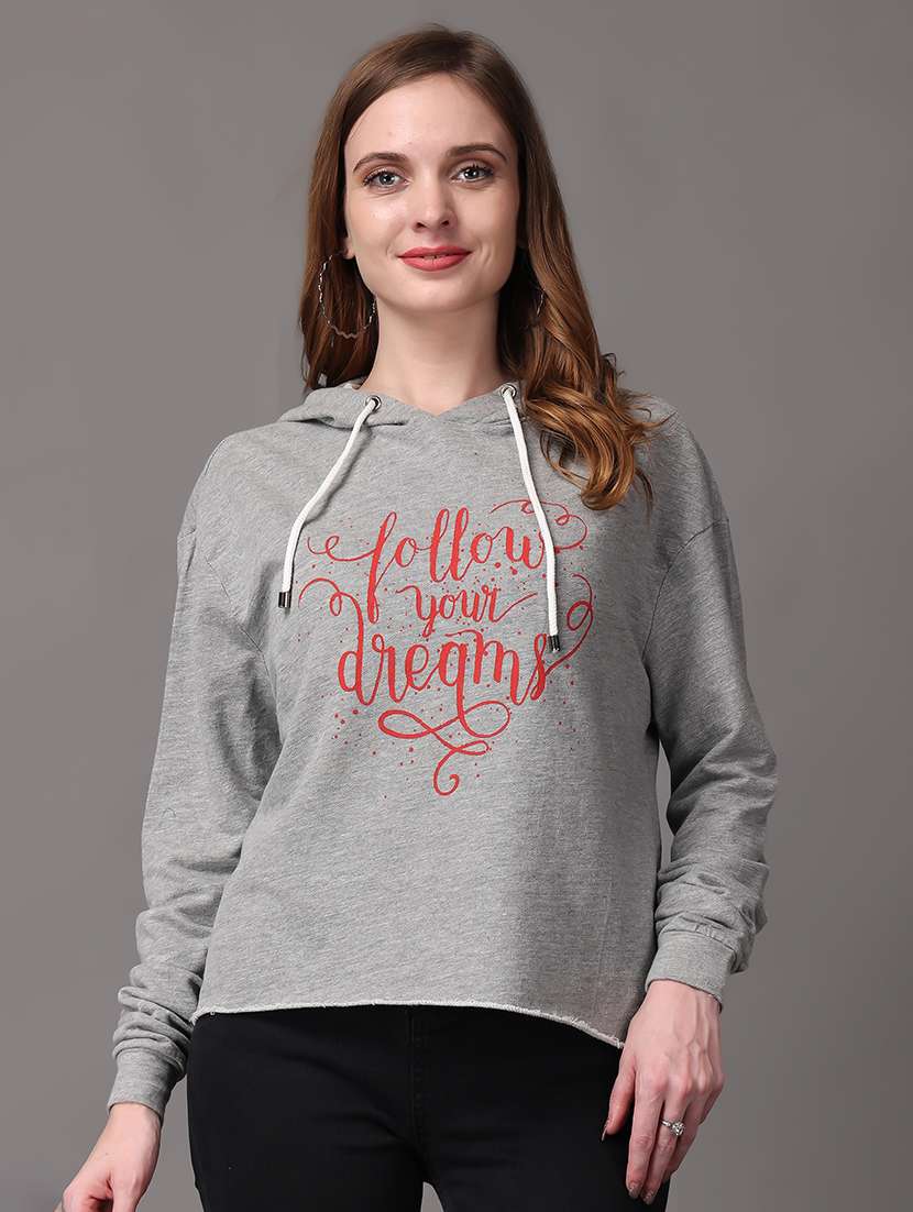 women grey front print long sleeve hooded sweatshirt