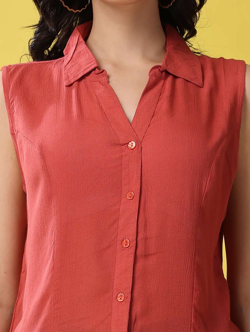 women rust solid sleeveless shirt top - 21503115 - Standard Image - 2