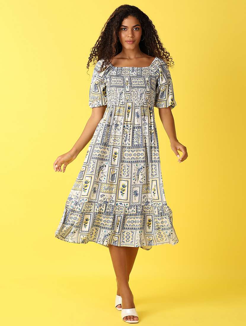 women off white printed tiered ethnic dress
