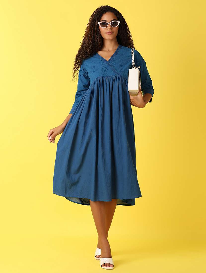 women teal schiffli fit & flared dress