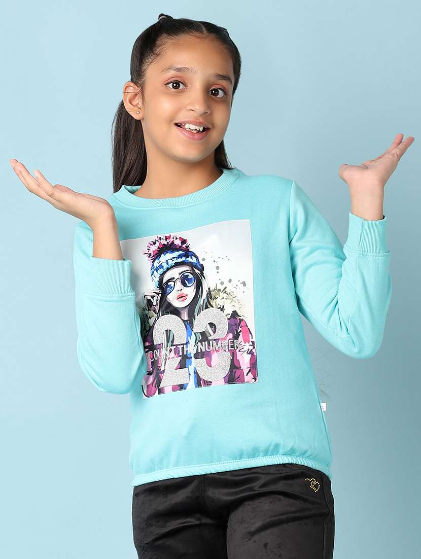 girls light blue cotton front print sweatshirt