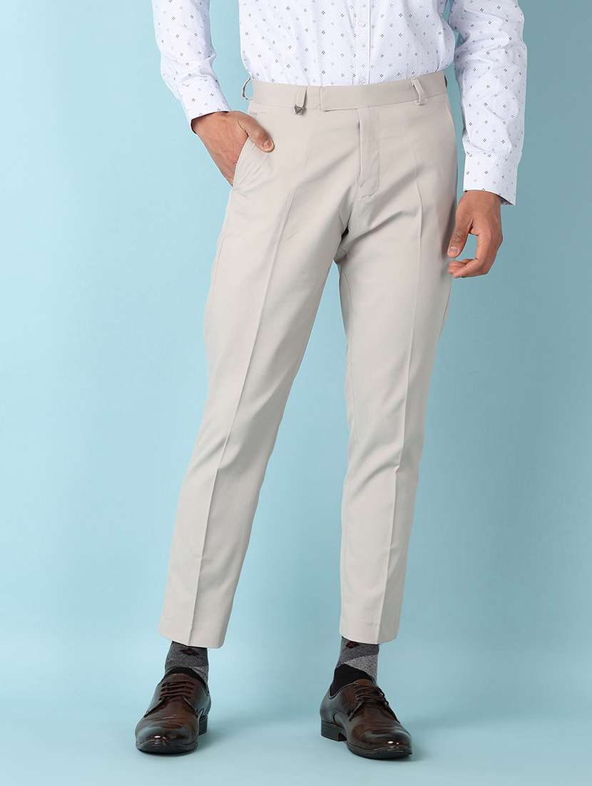 men grey solid flat front formal trouser
