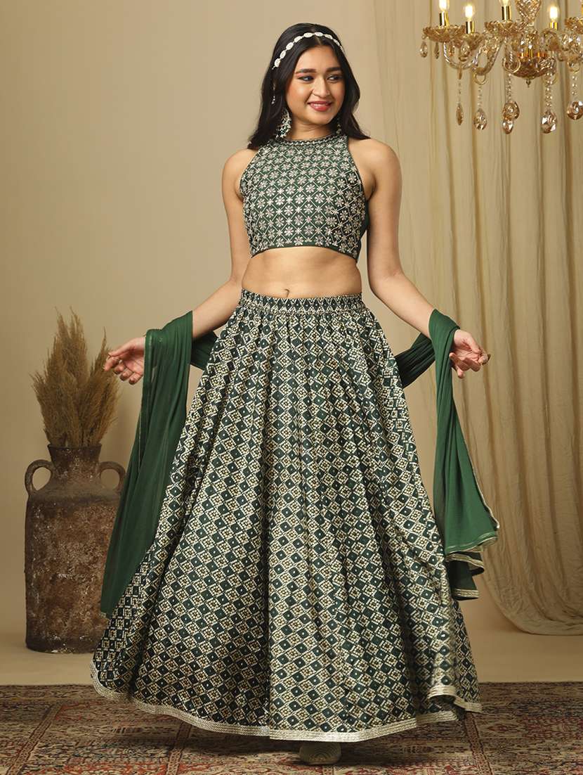 women's green halter neck floral embroidery blouse & bandhani print lehenga with dupatta festive co-ords set