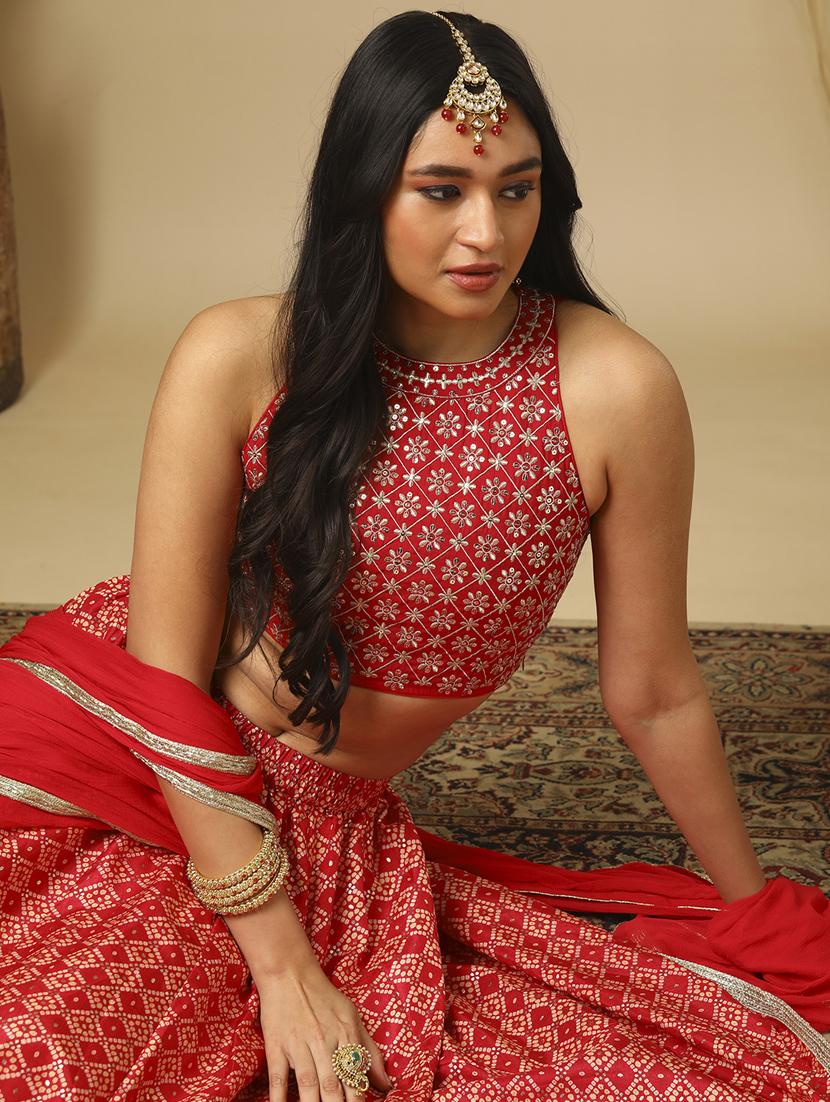 women's pink halter neck floral embroidery blouse & bandhani print lehenga with dupatta festive co-ords set - 21504016 - Standard Image - 2