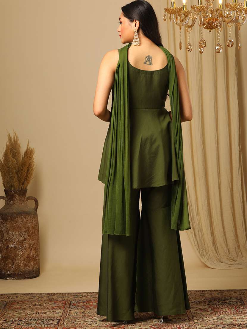 women's green zari floral embroidered yoke with sequinned detail tunic & gharara pants with choker dupatta co-ord set - 21504018 -  Standard Image - 2