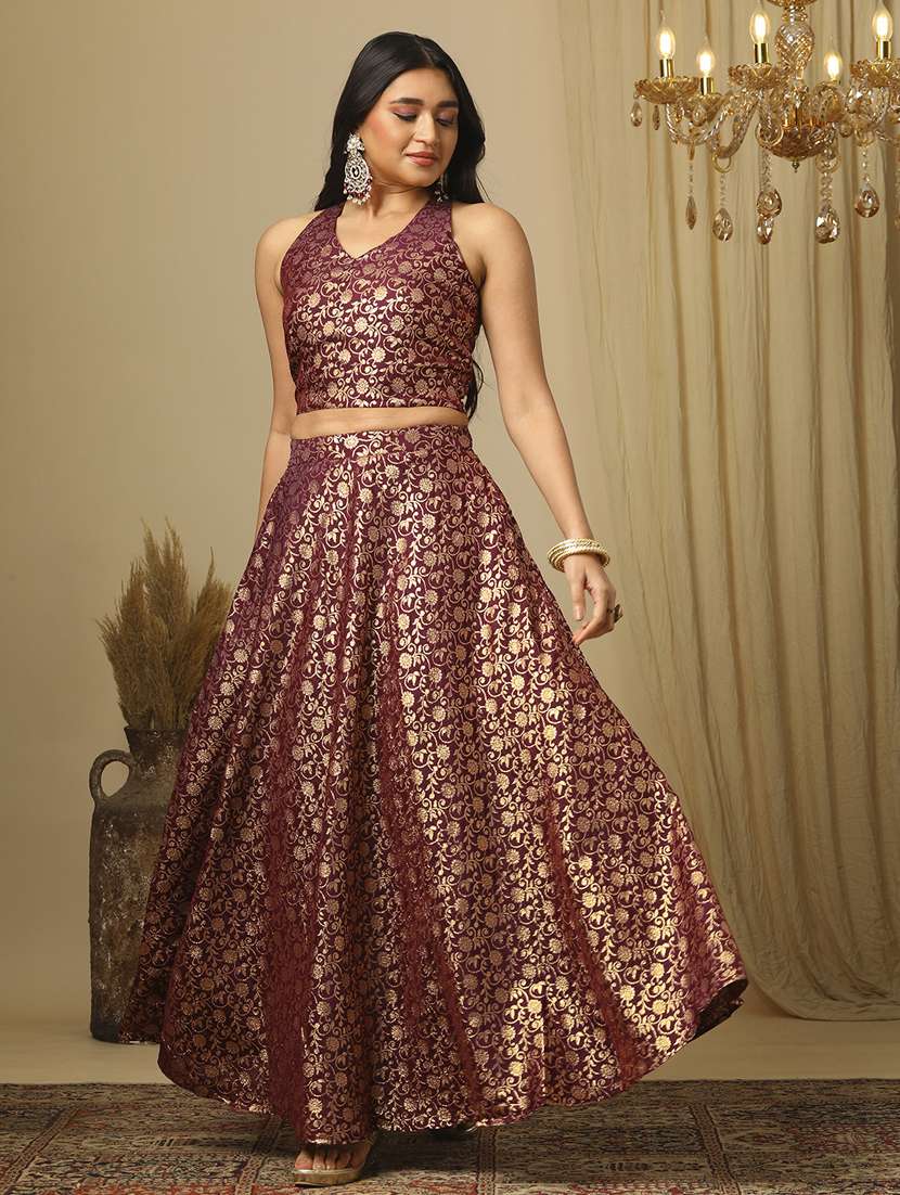 women's burgundy brocade floral jaal print halter neck stylised back blouse & flared lehenga festive co-ords set