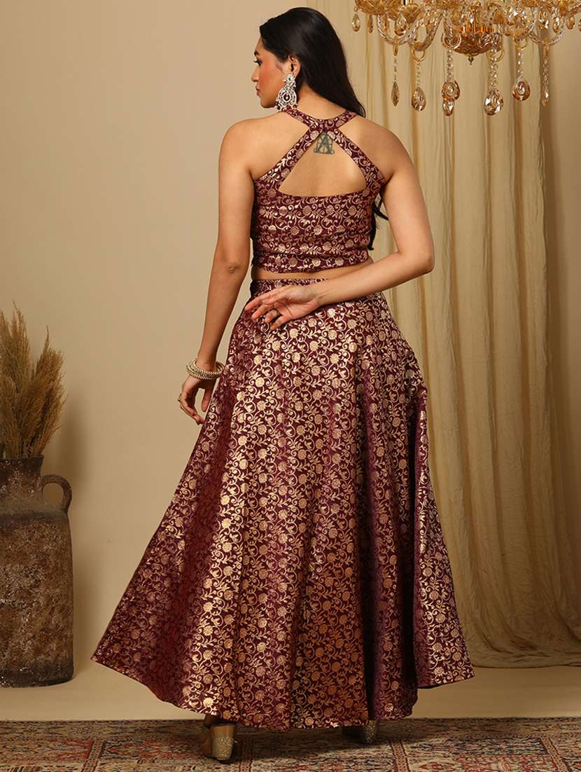 women's burgundy brocade floral jaal print halter neck stylised back blouse & flared lehenga festive co-ords set - 21504019 -  Standard Image - 2