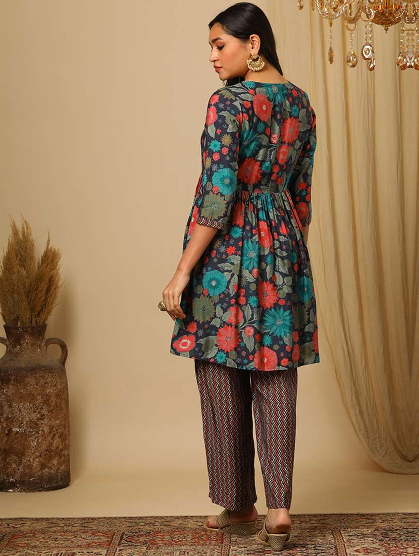 women's blue allover floral printed peplum tunic & partially elasticated chevron print trouser co-ords set - 21504021 - Standard Image - 2