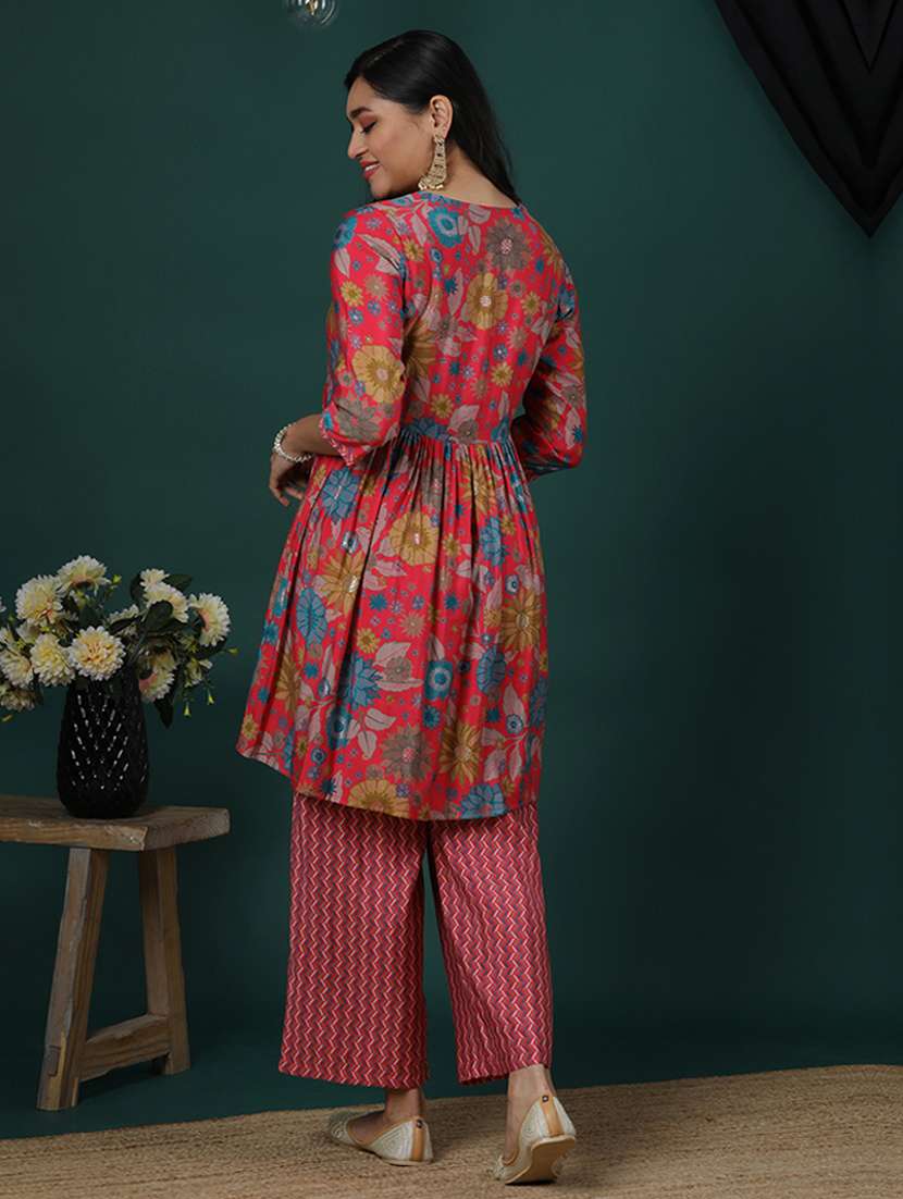 women's pink allover floral printed peplum tunic & partially elasticated chevron print trouser co-ords set - 21504022 - Standard Image - 2