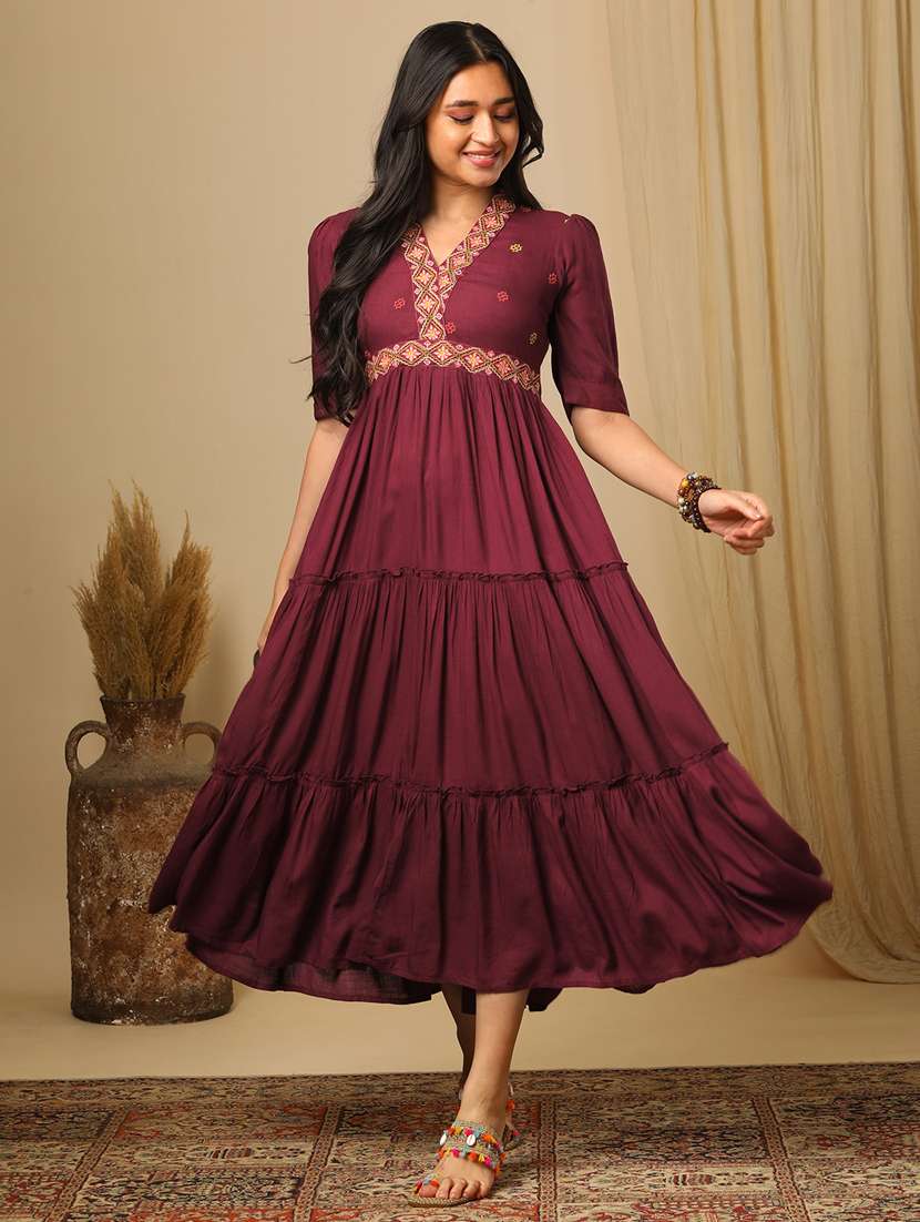 Women's Burgundy Embroidered V Neck Puff Sleeves Boho Tiered Fusion Fit & Flare Maxi Dress