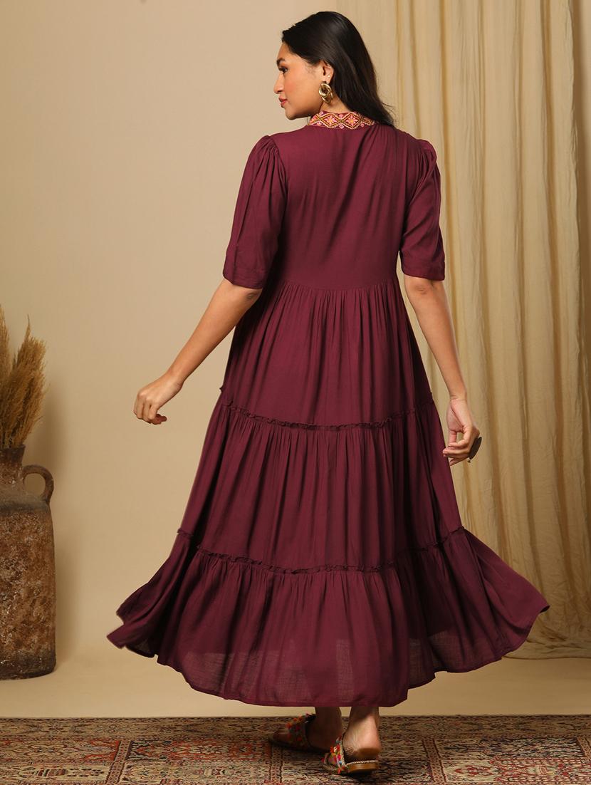 women's burgundy embroidered v-neck puff sleeves boho tiered fusion fit & flare maxi dress - 21504024 - Standard Image - 2