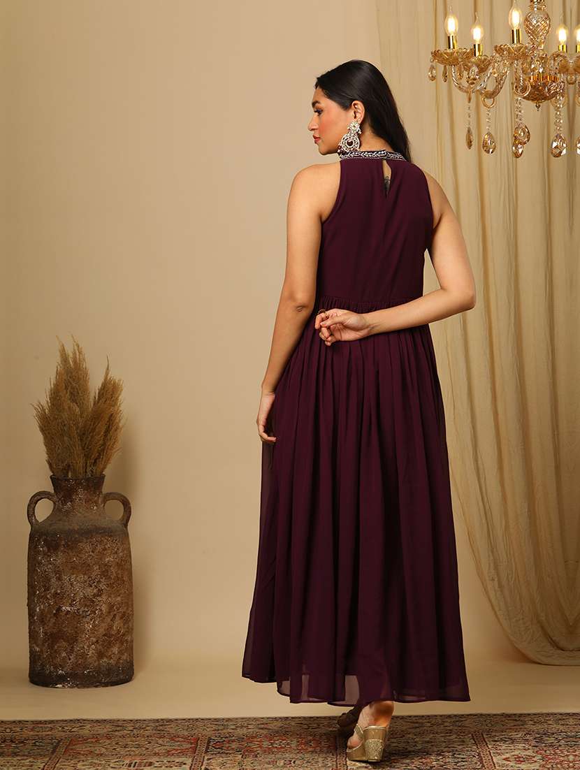 women's purple zari embroidered & sequinned keyhole halter neck fit & flare fusion maxi dress - 21504026 -  Standard Image - 2