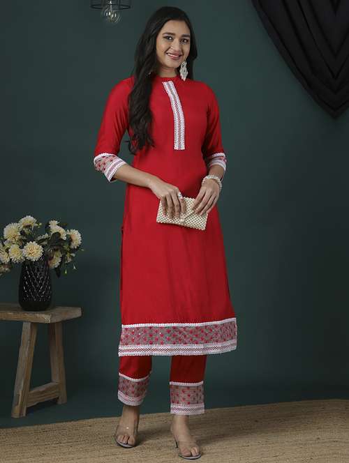 women's red mandarin collar embroidered sequin lace detail straight kurta & pants festive set - 21504031 -  Standard Image - 0