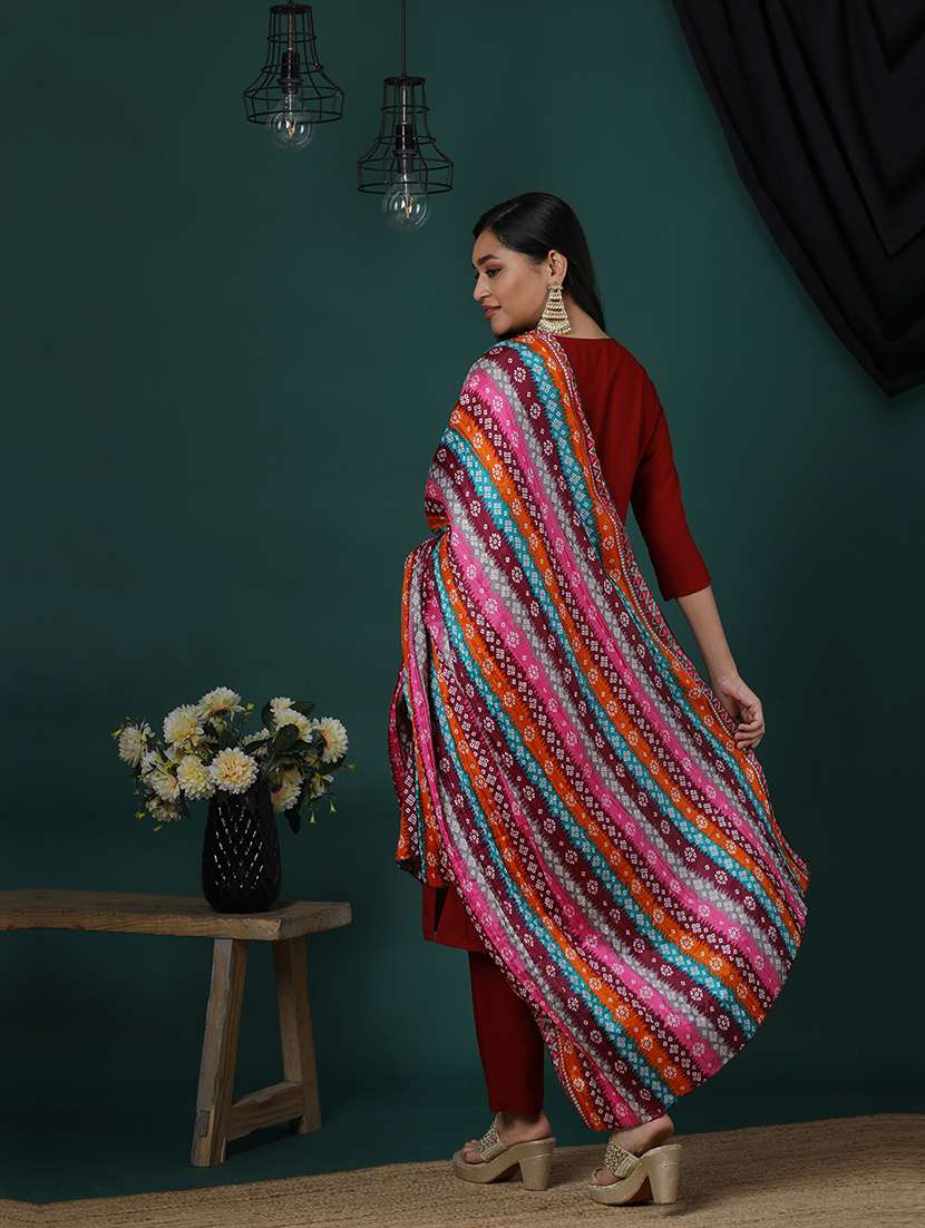 women's maroon embroidered yoke a-line kurta pants & multicolor bandhani print dupatta festive set - 21504032 - Standard Image - 2