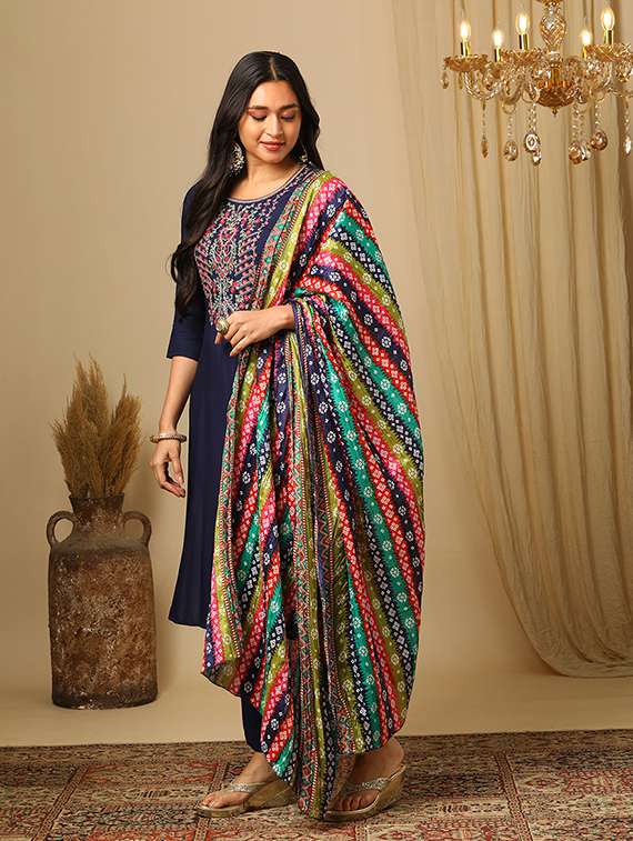 women's blue embroidered yoke a-line kurta pants & multicolor bandhani print dupatta festive set