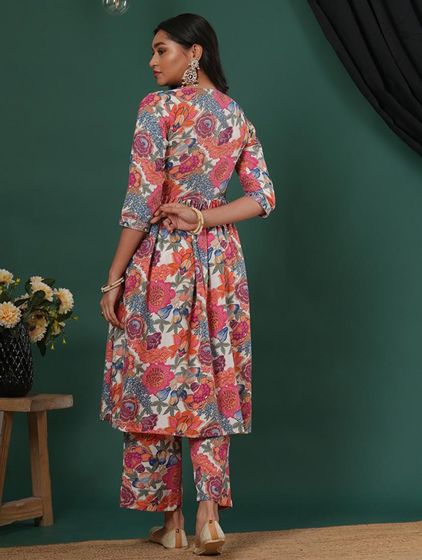 women's coral v-neck embroidered detail floral printed high slit a-line aliya cut kurta & pants fusion set - 21504035 - Standard Image - 2