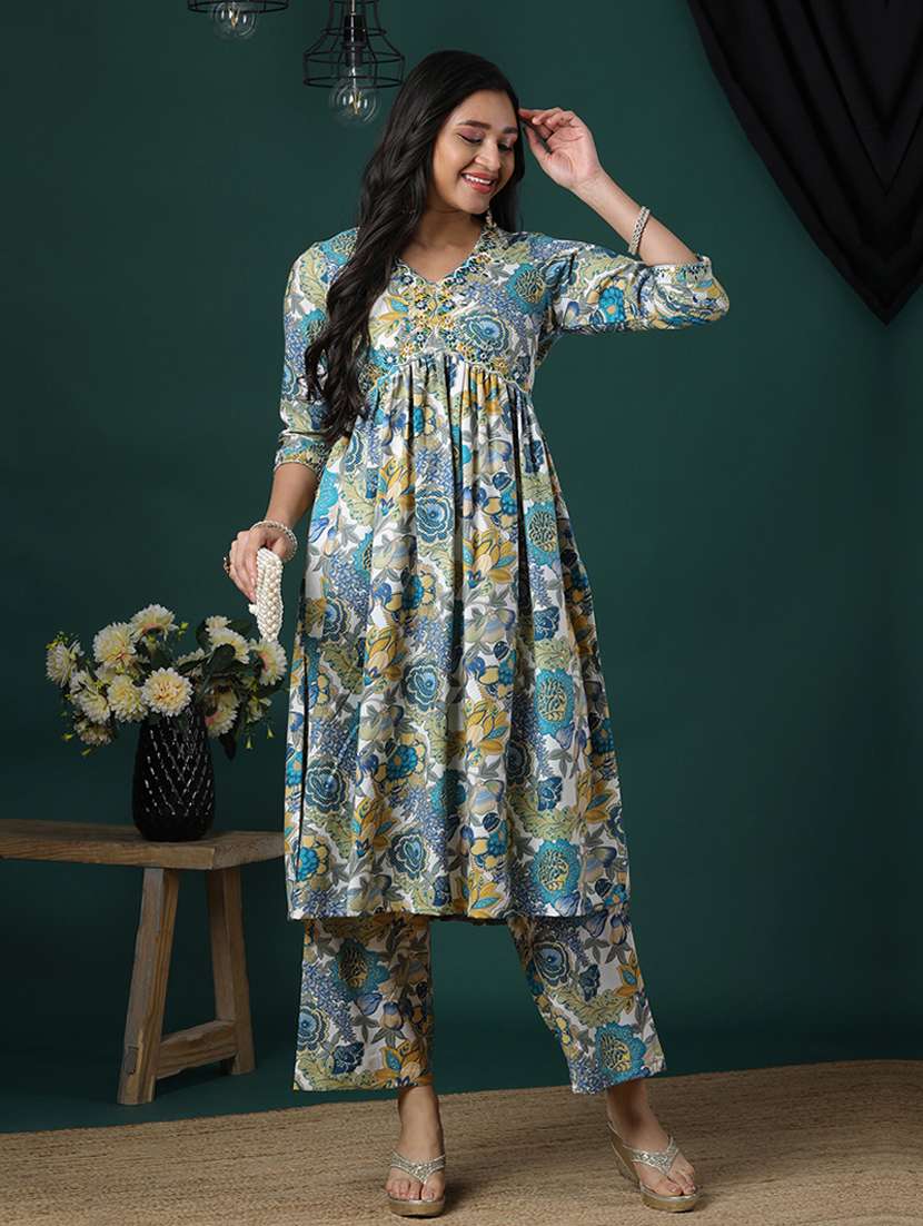 women's green v-neck embroidered detail floral printed high slit a-line aliya cut kurta & pants fusion set