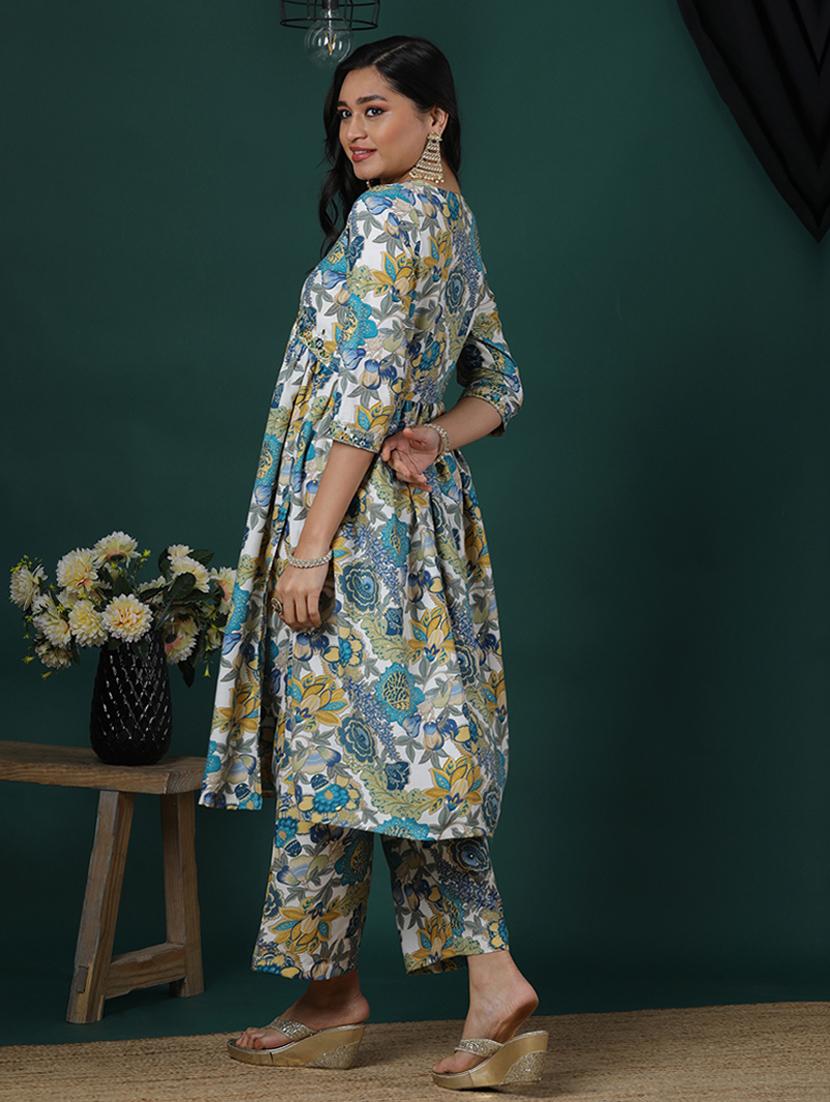 women's green v-neck embroidered detail floral printed high slit a-line aliya cut kurta & pants fusion set - 21504036 - Standard Image - 2
