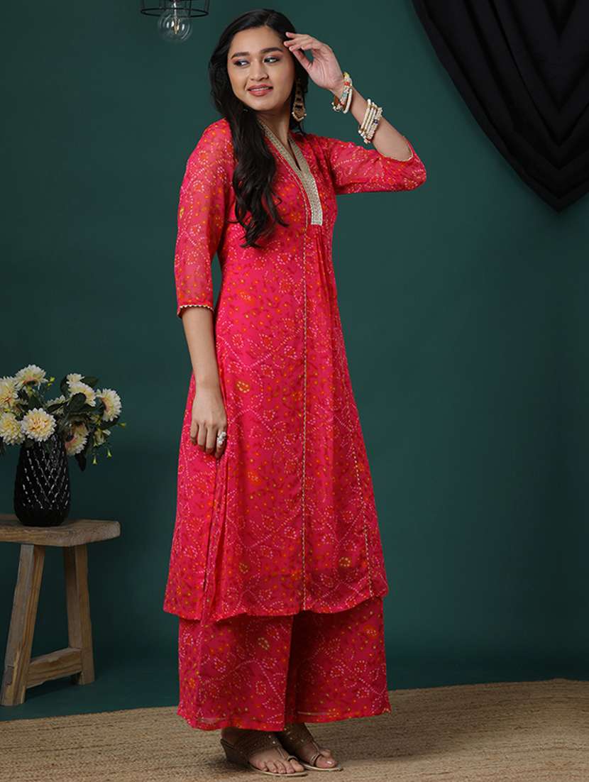 women's pink v-neck gotta lace bandhani print panelled a-line kurta & flared palazzos festive set - 21504037 -  Standard Image - 2
