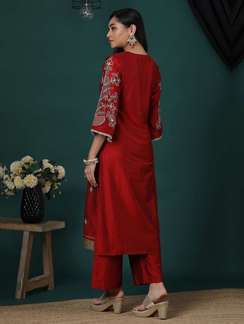 women's maroon v-neck zari embroidered fringe lace detailing bell sleeves straight kurta & elasticated pants festive set - 21504038 - Standard Image - 2