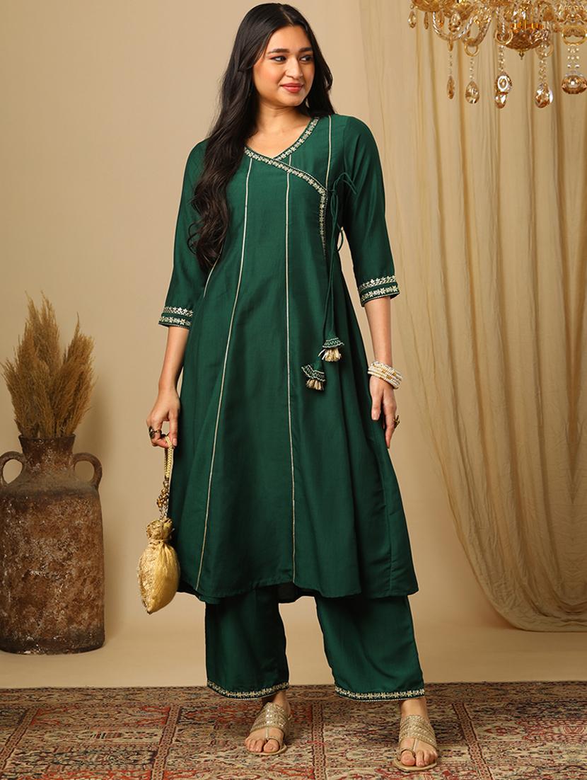 women's green embroidered v-neck gold lace detail panelled angrakha a-line kurta & elasticated pants festive set