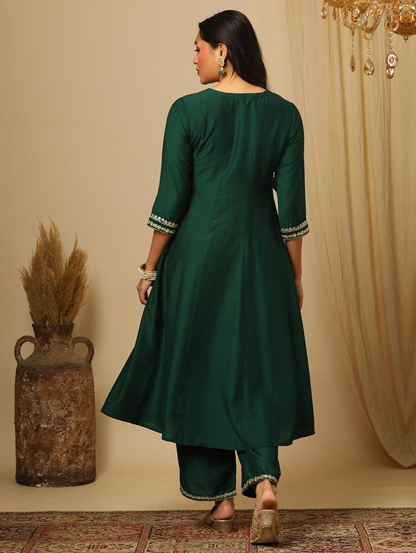 women's green embroidered v-neck gold lace detail panelled angrakha a-line kurta & elasticated pants festive set - 21504043 - Standard Image - 2