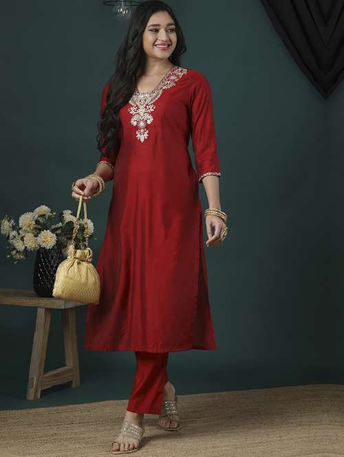 women's maroon zari embroidered v-neck straight kurta & elasticated pants festive set - 21504045 - Standard Image - 0