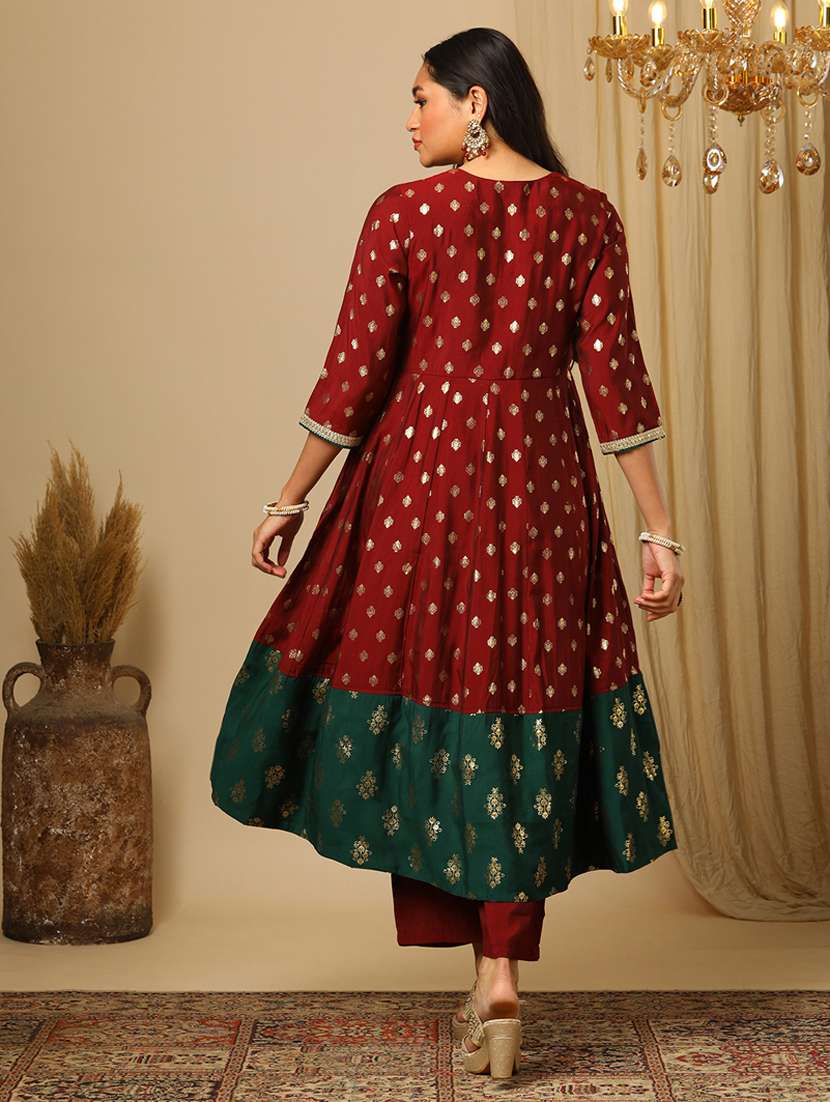 women's maroon sequin embroidered yoke gold foil print panelled anarkali kurta & elasticated pants festive set - 21504047 - Standard Image - 2