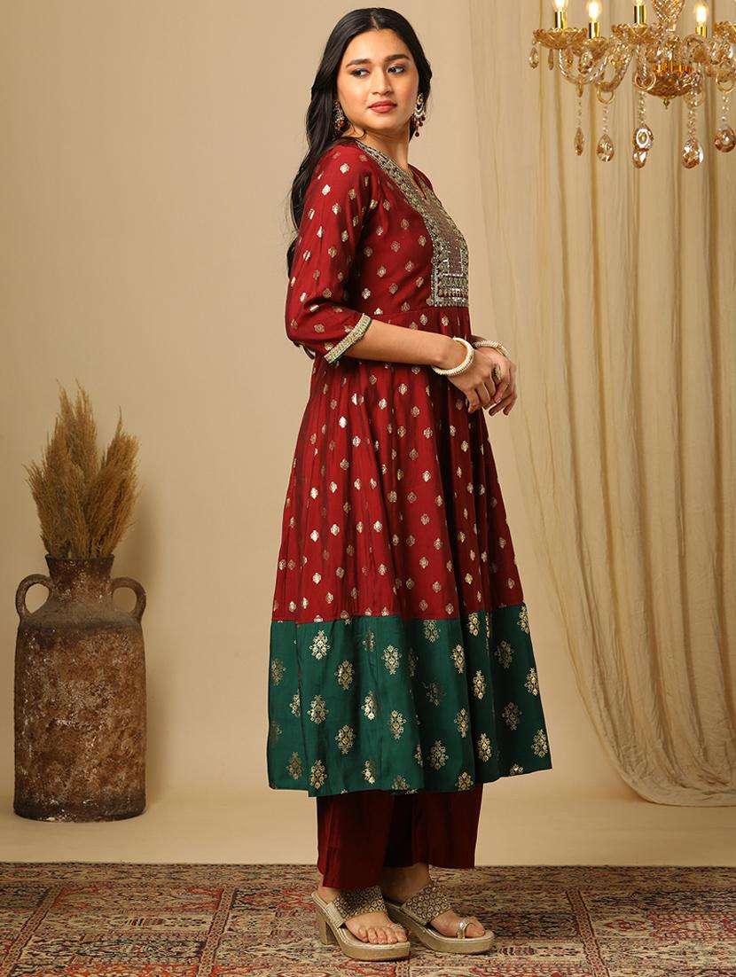 women's maroon sequin embroidered yoke gold foil print panelled anarkali kurta & elasticated pants festive set - 21504047 -  Standard Image - 2