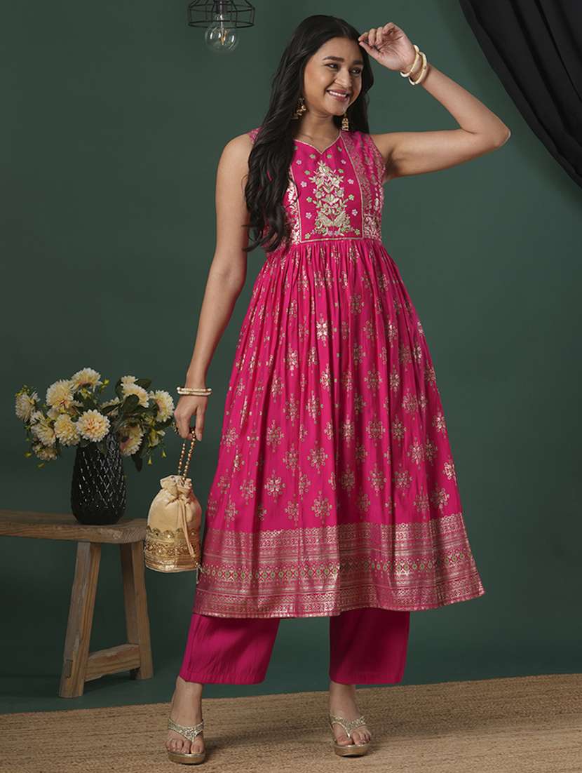 women's pink v-neck pipping detail ethnic motifs gold foil printed gathered a-line kurta & elasticated pants festive set