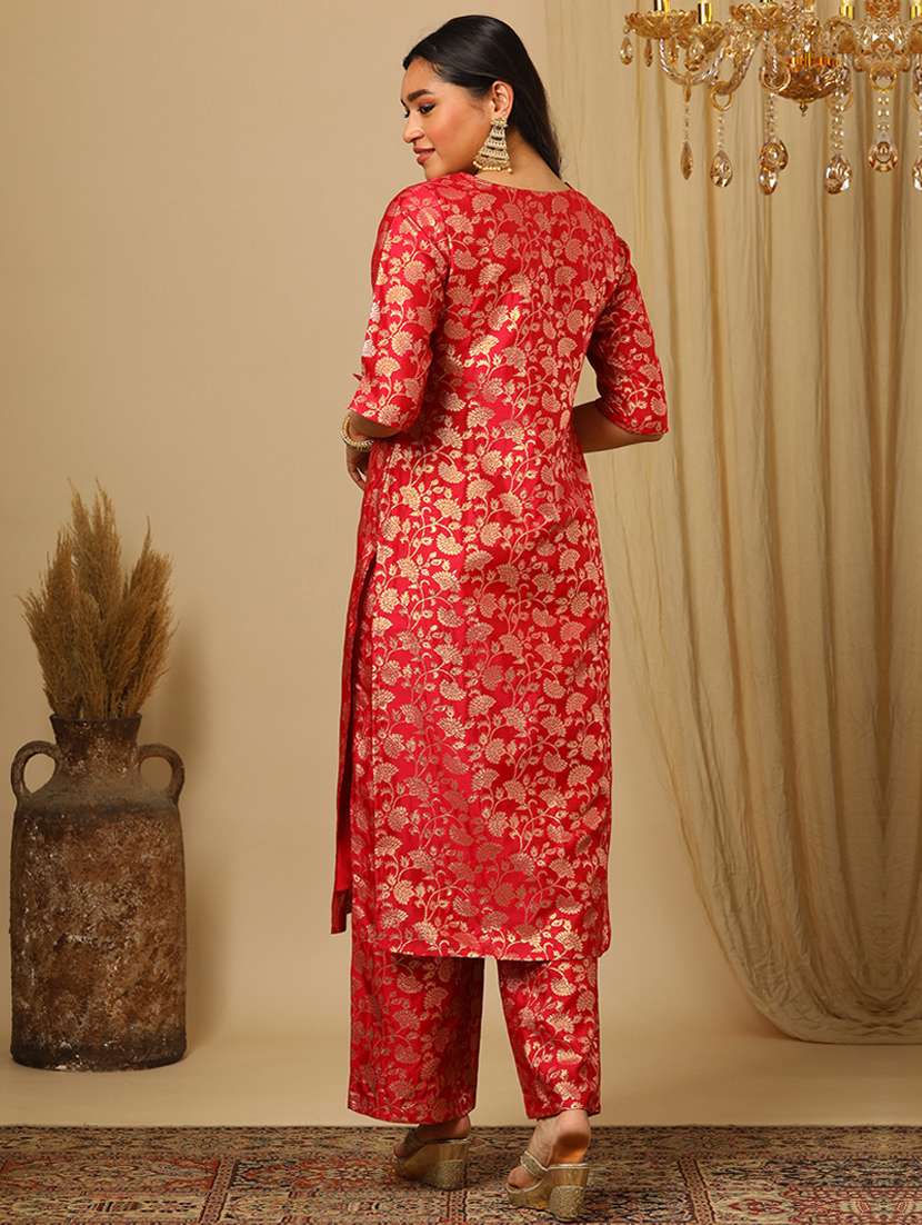 women's pink round neck elbow sleeves brocade floral jaal print straight kurta & elasticated pants festive set - 21504052 - Standard Image - 2