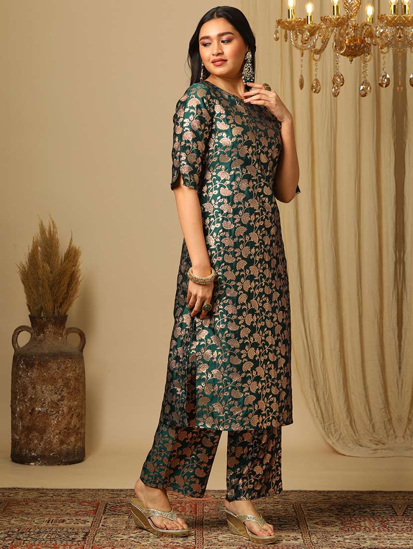 Women's Green Round Neck Elbow Sleeves Brocade Floral Jaal Print Straight Kurta & Elasticated Pants Festive Set