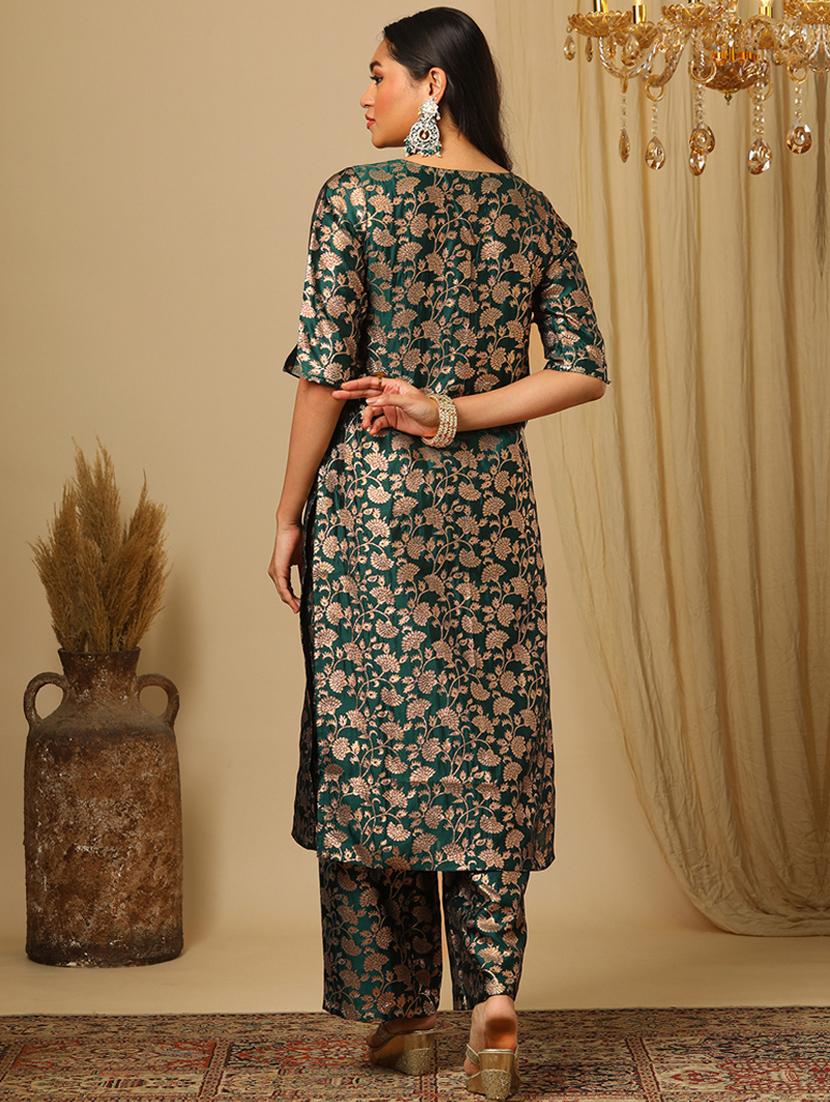 women's green round neck elbow sleeves brocade floral jaal print straight kurta & elasticated pants festive set - 21504053 - Standard Image - 2